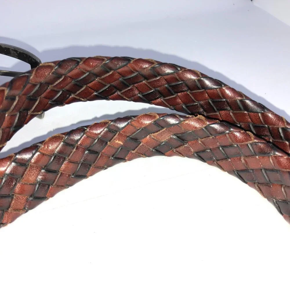 Brown Black 2-tone Leather Belt Weave Pattern Metal Buckle‎ 38/95